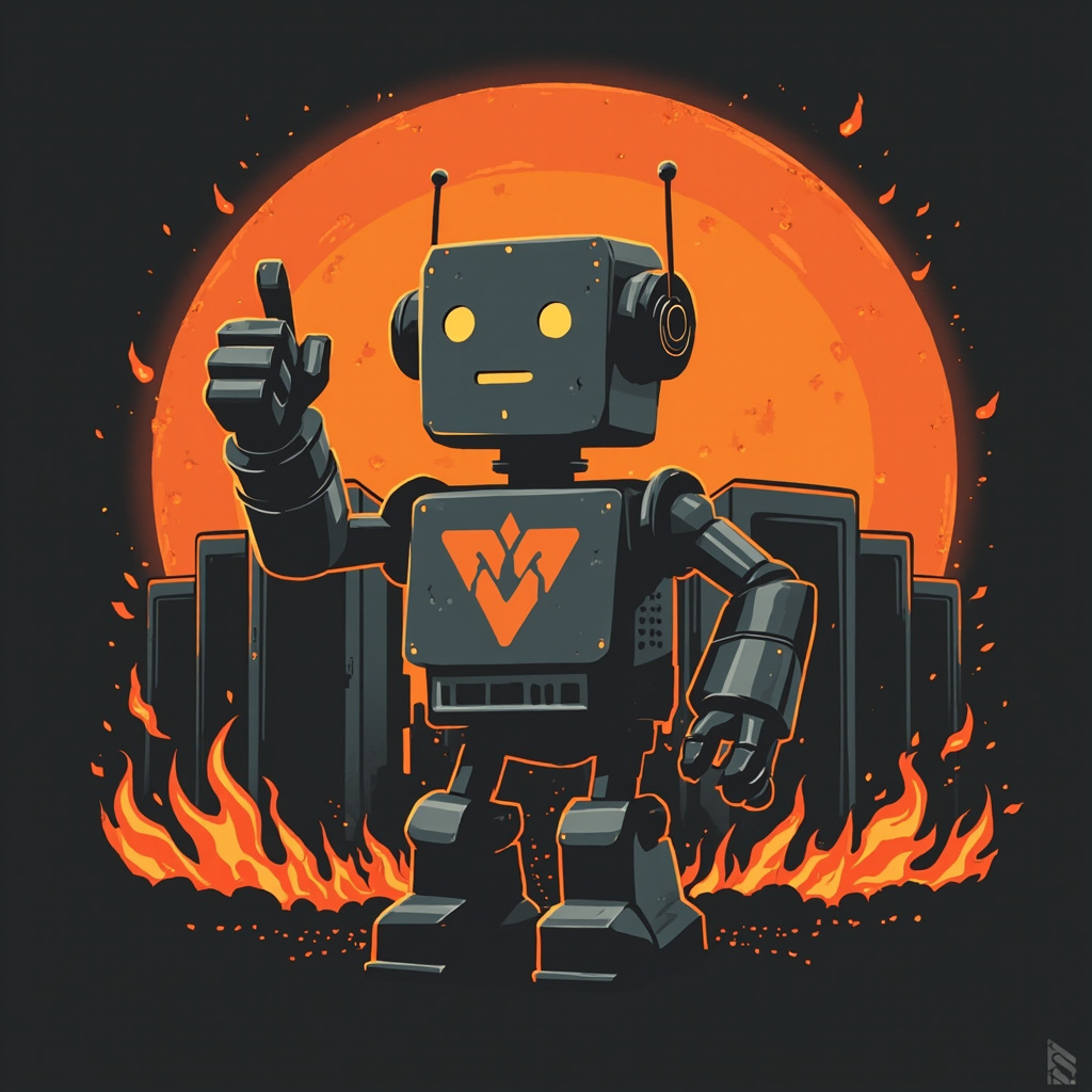 Anti-Standup Bot t-shirt design — deadpan robot giving thumbs-up with server-rack flames in background, brand orange and black