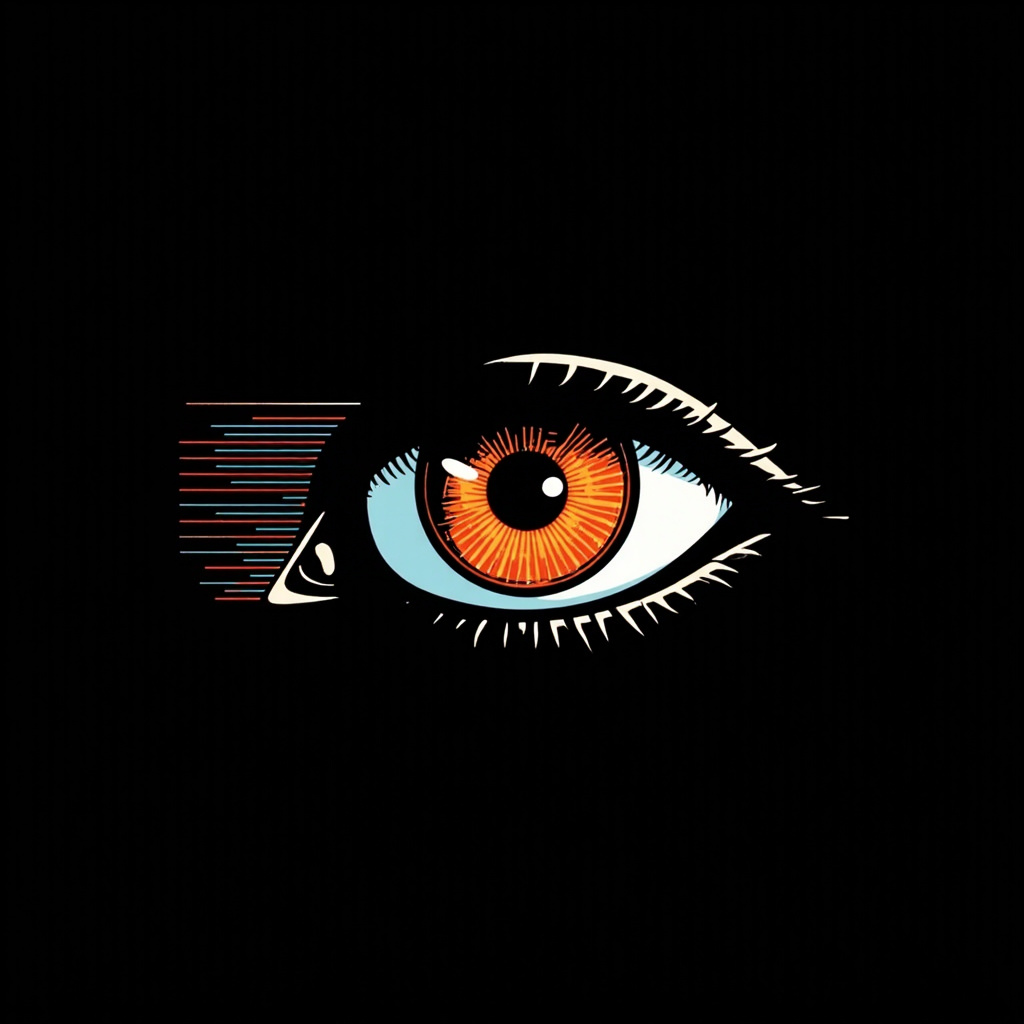 Operator Mode t-shirt design — half-lidded surveillance eye with CRT scanline glitch on deep black, brand orange iris