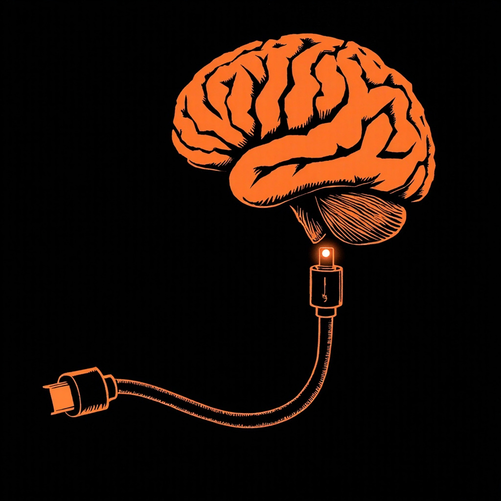 The Model Is The Product t-shirt design — orange brain with USB-C cable plugging into brainstem, 2-color screenprint