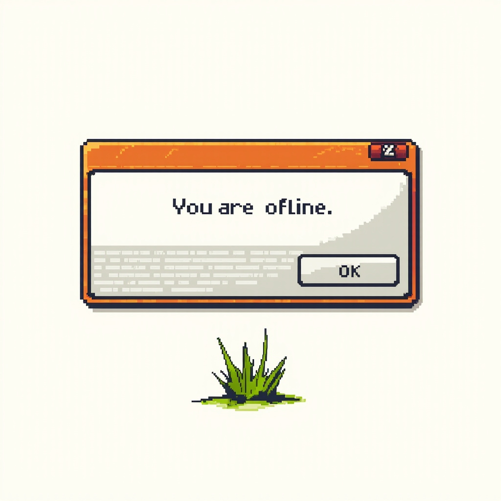 Touch Grass Offline sticker design — retro pixel-art browser error dialog with single grass tuft